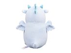 Back view of a light blue plush dragon with glittery blue accents on its horns and spine.