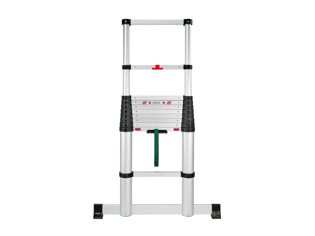Scară telescopică din aluminiu Parkside® cu o curea verde și marcaje roșii de siguranță.
