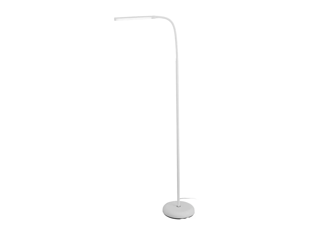 White LED floor lamp with a curved neck and round base.