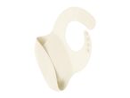 Cream-colored silicone baby bib with a food-catching pocket and adjustable neck fasteners.