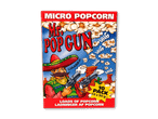 Mikroovnspopcornpakke med en tegneseriefigur, der skyder popcorn, og teksten 'Mr. Pop Gun'.