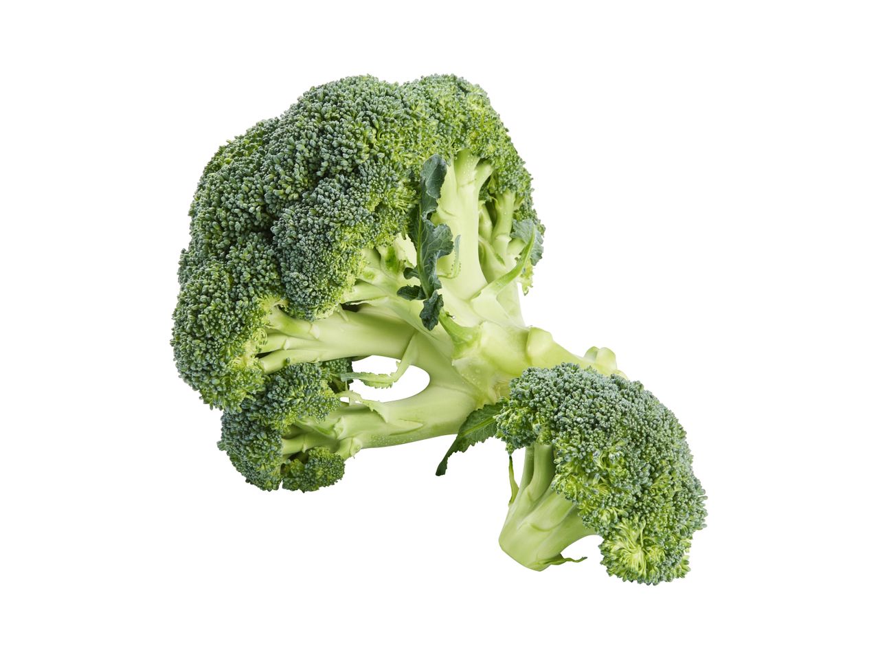 Svježa brokula s vidljivim cvjetovima i stabljikama na bijeloj pozadini.