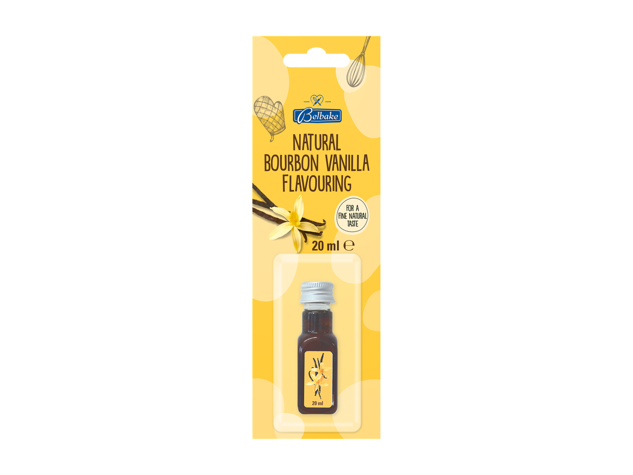 Naravna aroma burbonske vanilije v 20 ml steklenički, pakirana v rumeni embalaži.