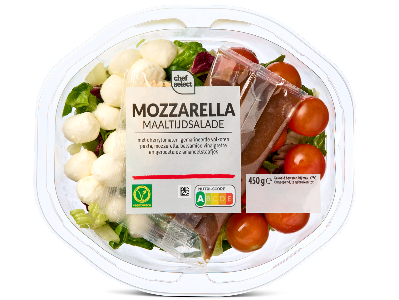 Chef Select salade: mozzarella, cherrytomaatjes en dressing.