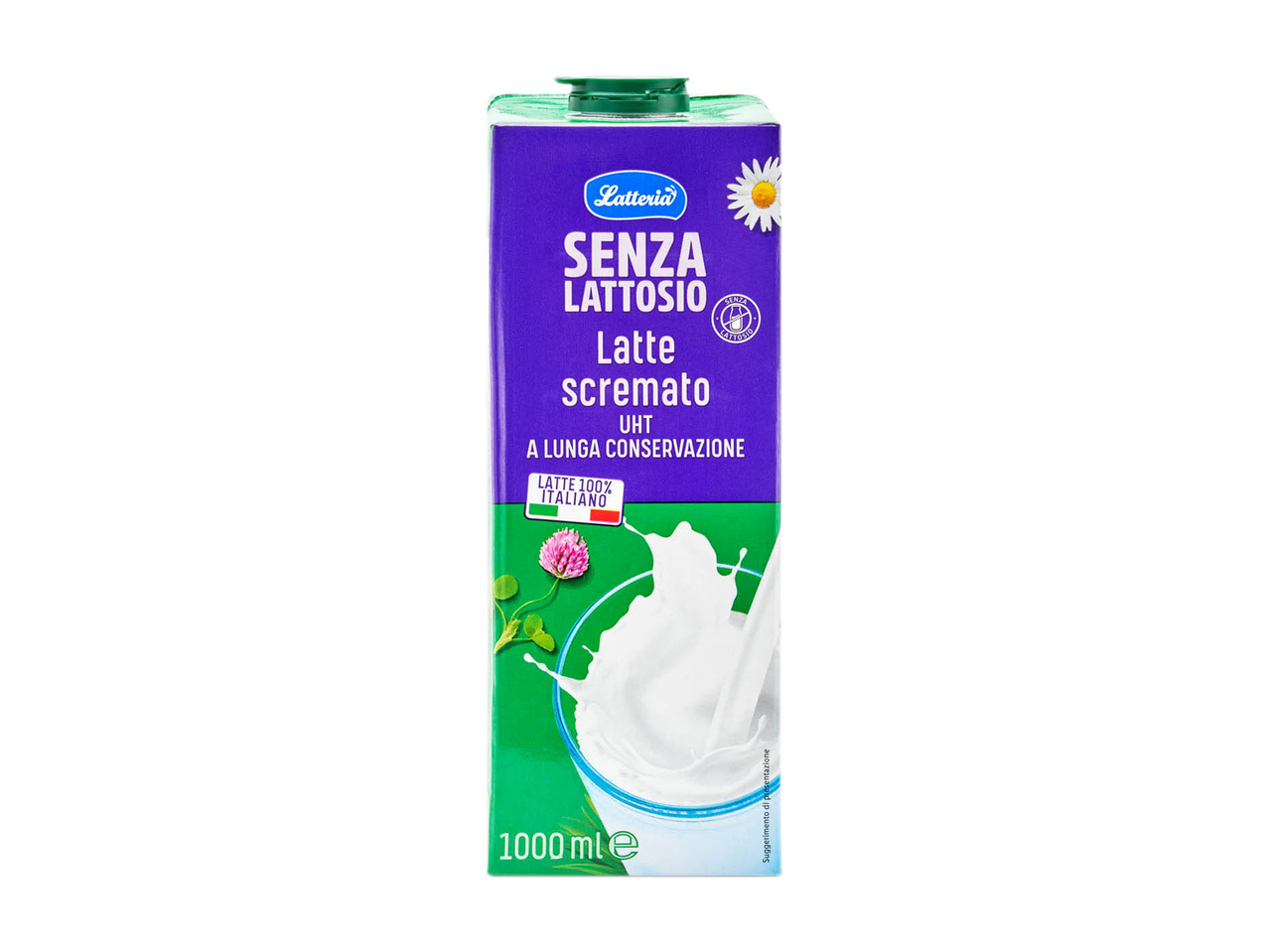 Latteria lactose-free skimmed UHT milk carton with a daisy and clover design.