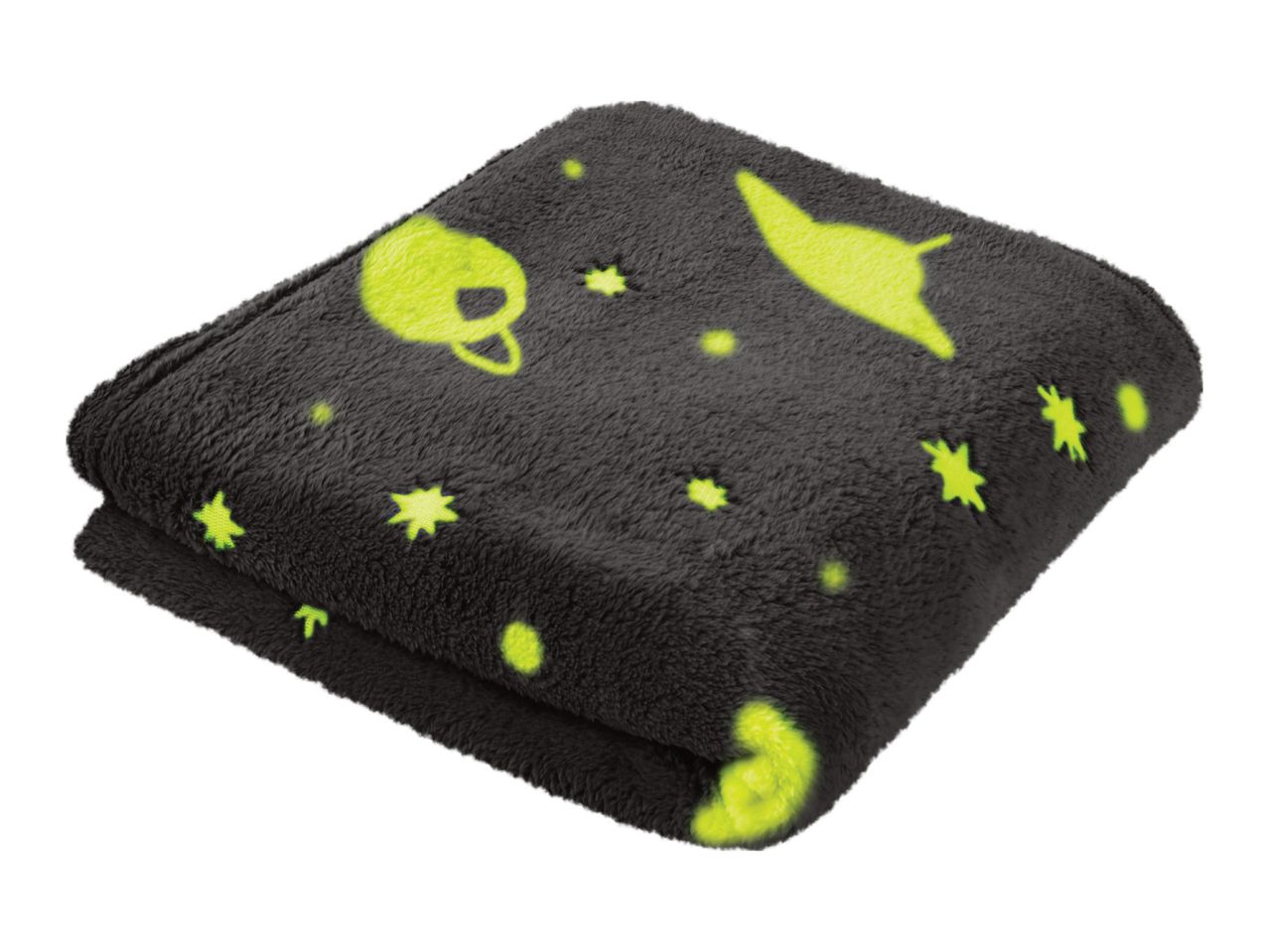 Dark gray glow-in-the-dark blanket with space-themed designs