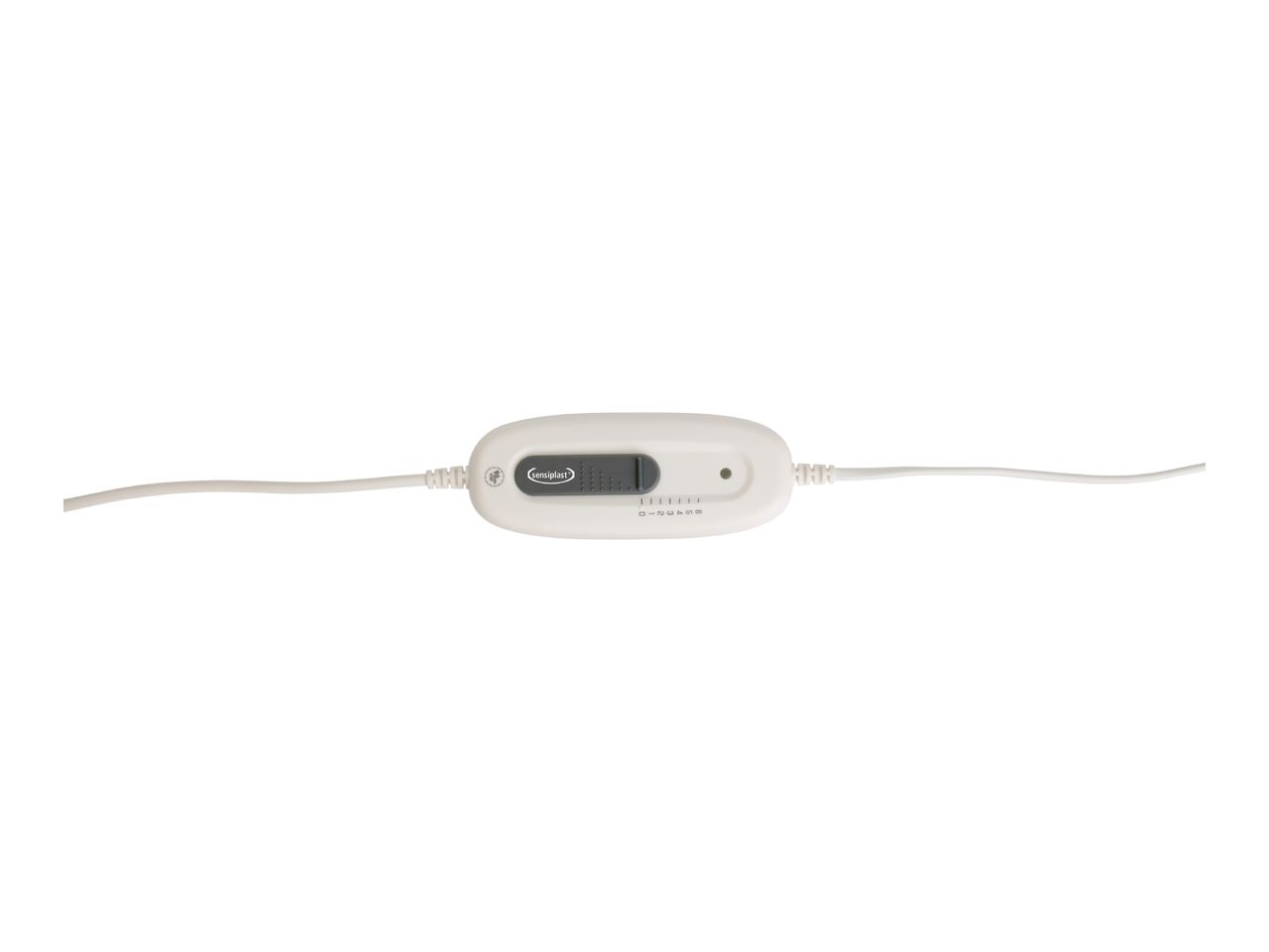 A white Sensoplast heating pad controller with a gray slider and numbered settings.