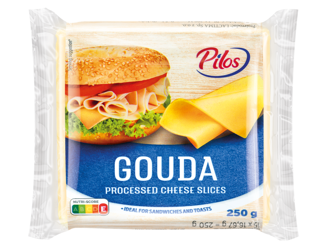 Pilos Gouda топено сирене на филийки в опаковка с изображение на сандвич.