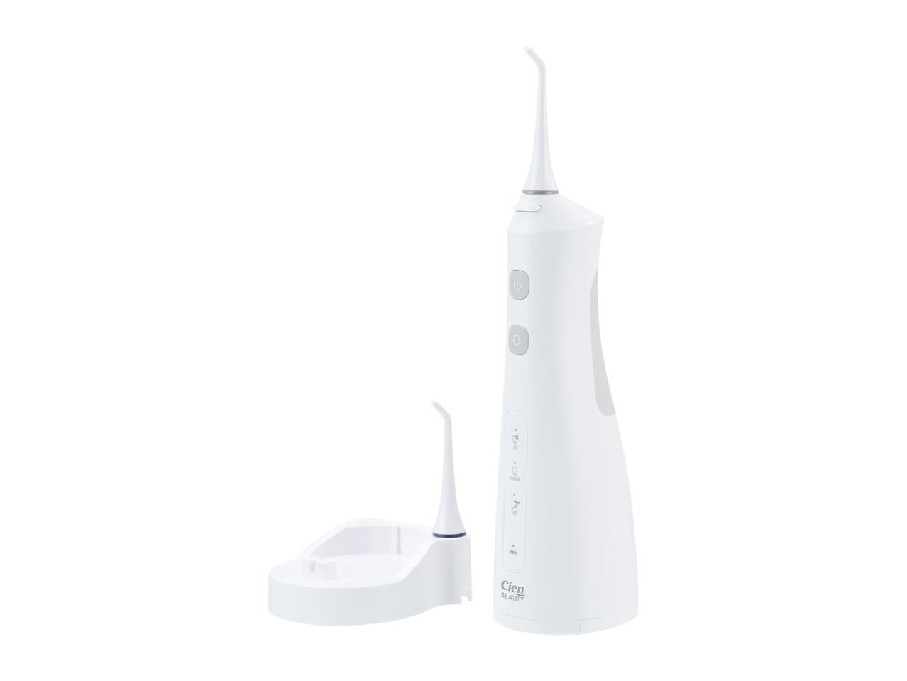 White cordless water flosser with a charging base and an extra nozzle.