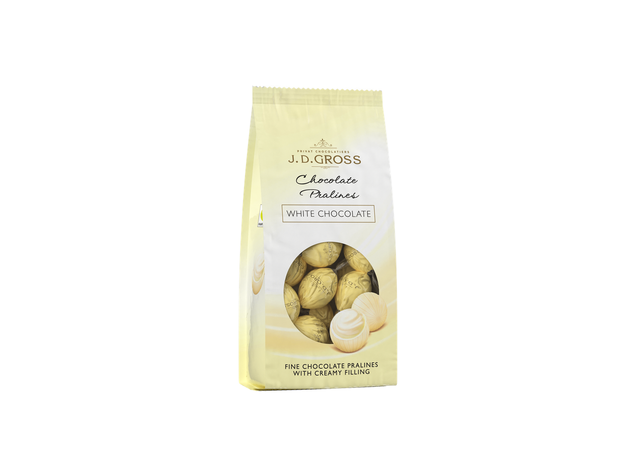 Praline J. D. Gross din ciocolată albă cu umplutură cremoasă într-un ambalaj.