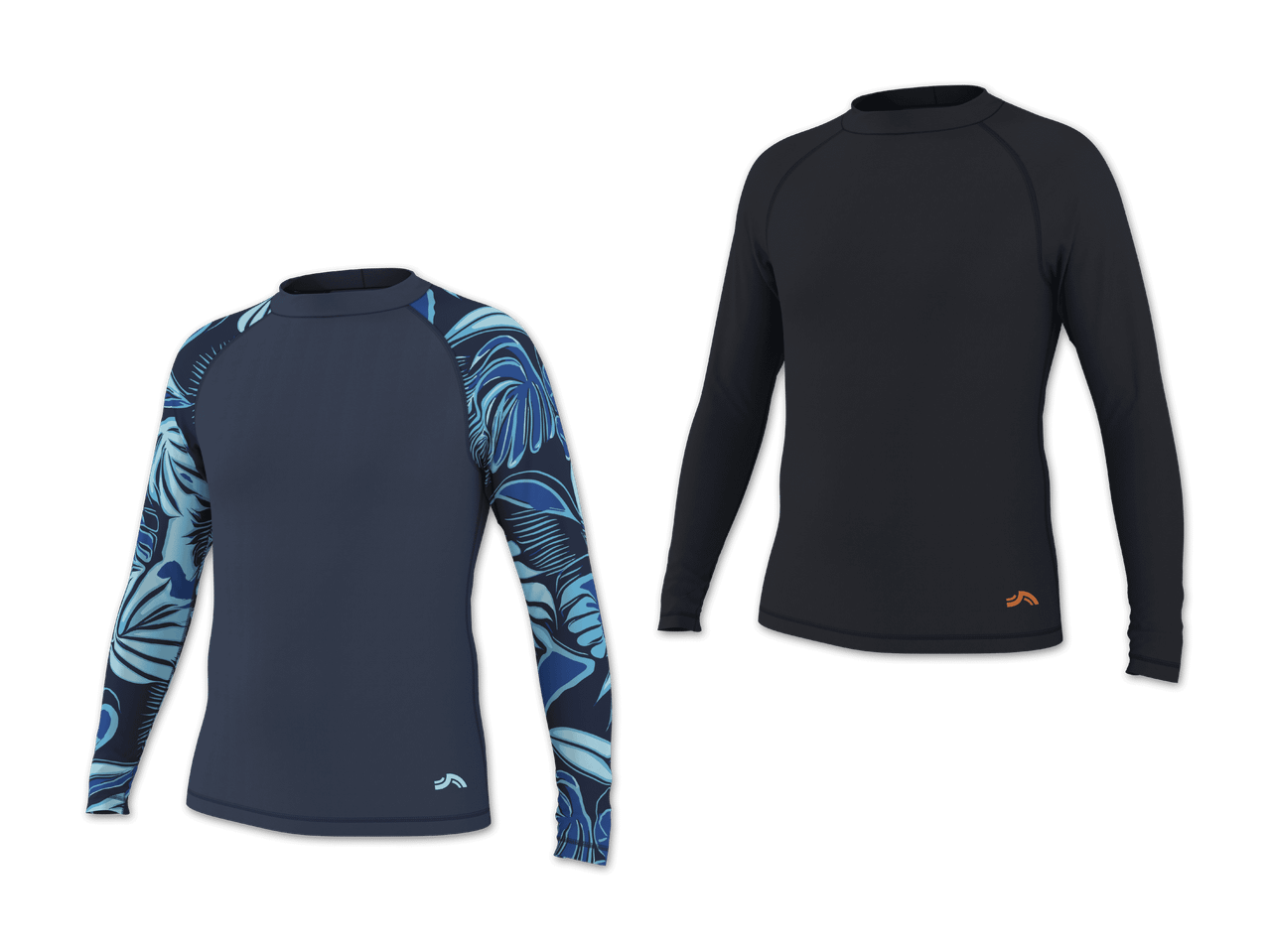 Zwei langärmelige Rashguards: einer in Dunkelblau mit blauem Blattmuster an den Ärmeln, der andere einfarbig dunkelblau.