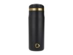 Black travel mug with a gold band and a gold triangular logo at the bottom.