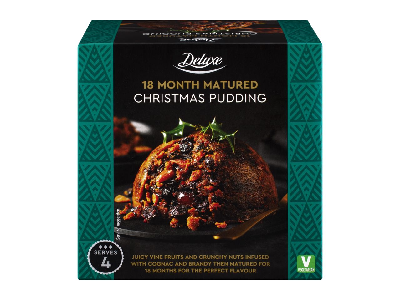 An 18-month matured Christmas pudding box serving 4, suitable for vegetarians.