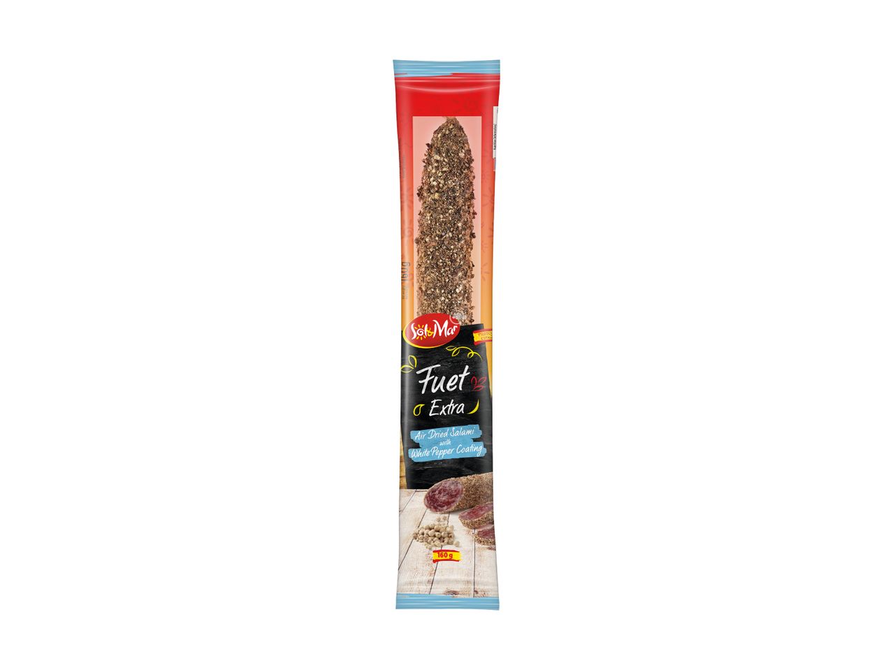 Sol&Mar Fuet Extra air-dried salami with white pepper coating.