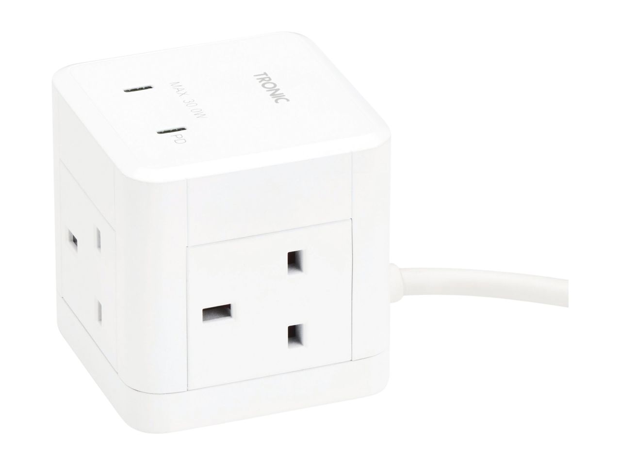 White power strip with three outlets and two USB-C ports, branded Tronic