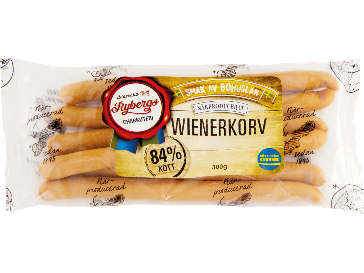 Paketet med Rybergs Wienerkörv, närproducerat med 84% kött.
