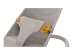 Close-up of a baby bouncer in light grey with orange buckles.