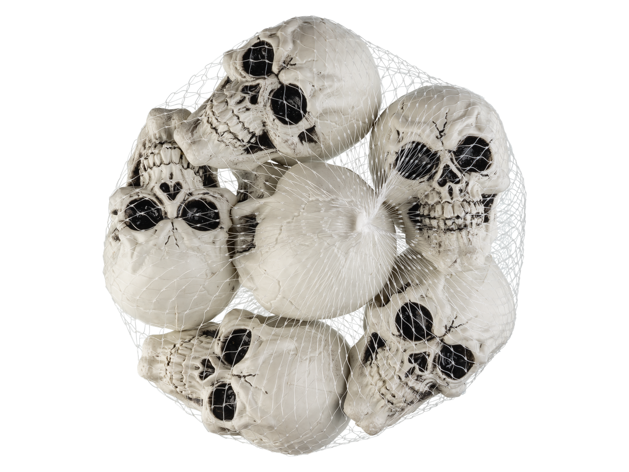 A mesh bag filled with white Halloween skull decorations.