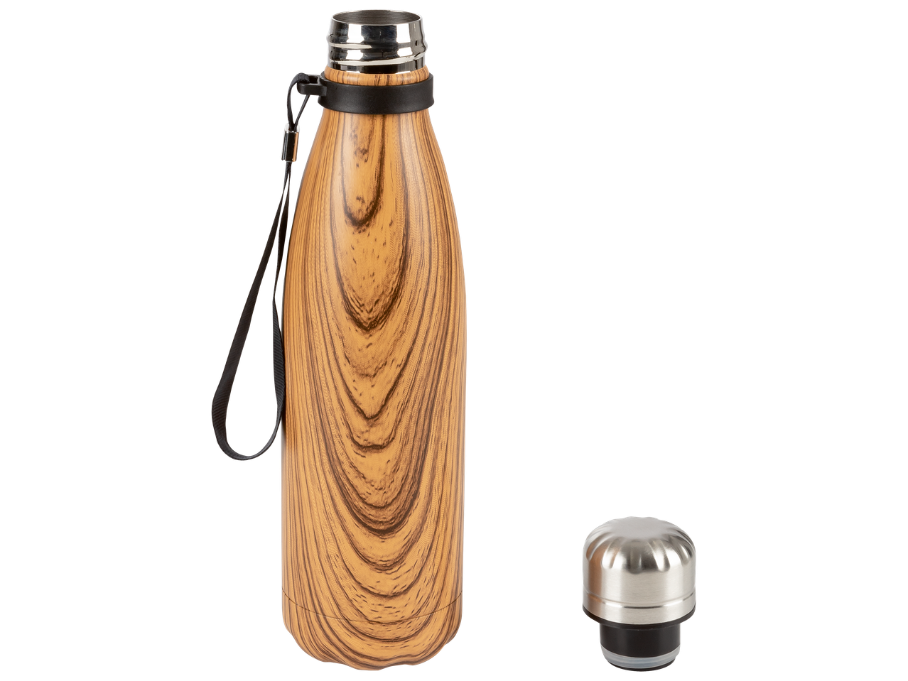 Bouteille isotherme en bois avec bouchon dévissé