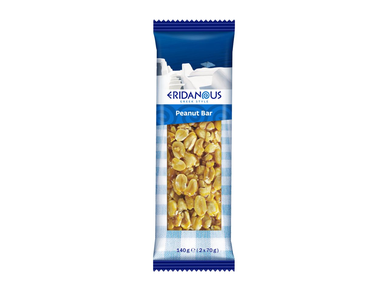 Peanut bar in Greek style packaging with white buildings and blue sea.