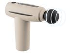 Beige percussive massage gun with a black spherical head and glowing rings indicating vibration.