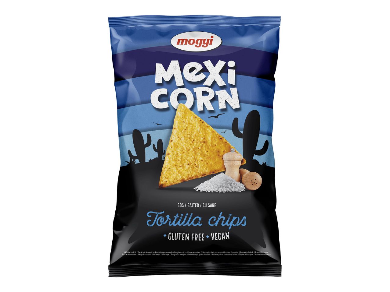 Mogyi Mexi Corn tortilla chips csomagolás, gluténmentes és vegán.