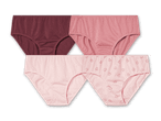 Vier Damen-Unterhosen in Rosa- und Rottönen, zwei einfarbig, zwei mit Herzmuster.