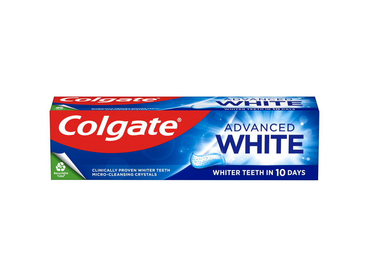Colgate Advanced White: clinically proven whiter teeth in 10 days.