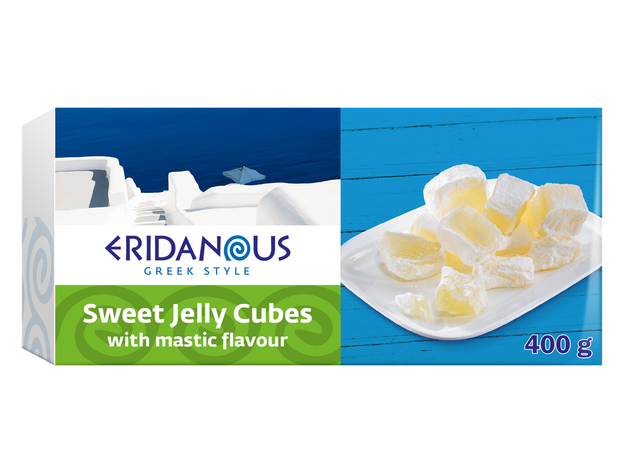 Cuburi de jeleu dulce Eridanous, stil grecesc: 400g, aromă de mastic.