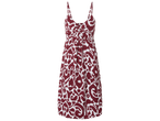 Robe d'été mi-longue à bretelles fines, motif abstrait rouge et blanc.