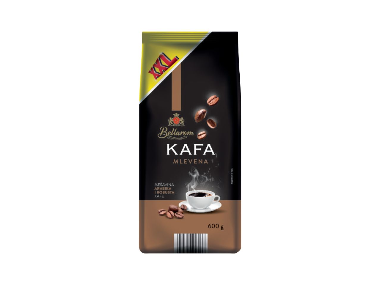 Bellarom kafa u pakovanju od 600g sa šoljicom kafe i zrnima kafe.
