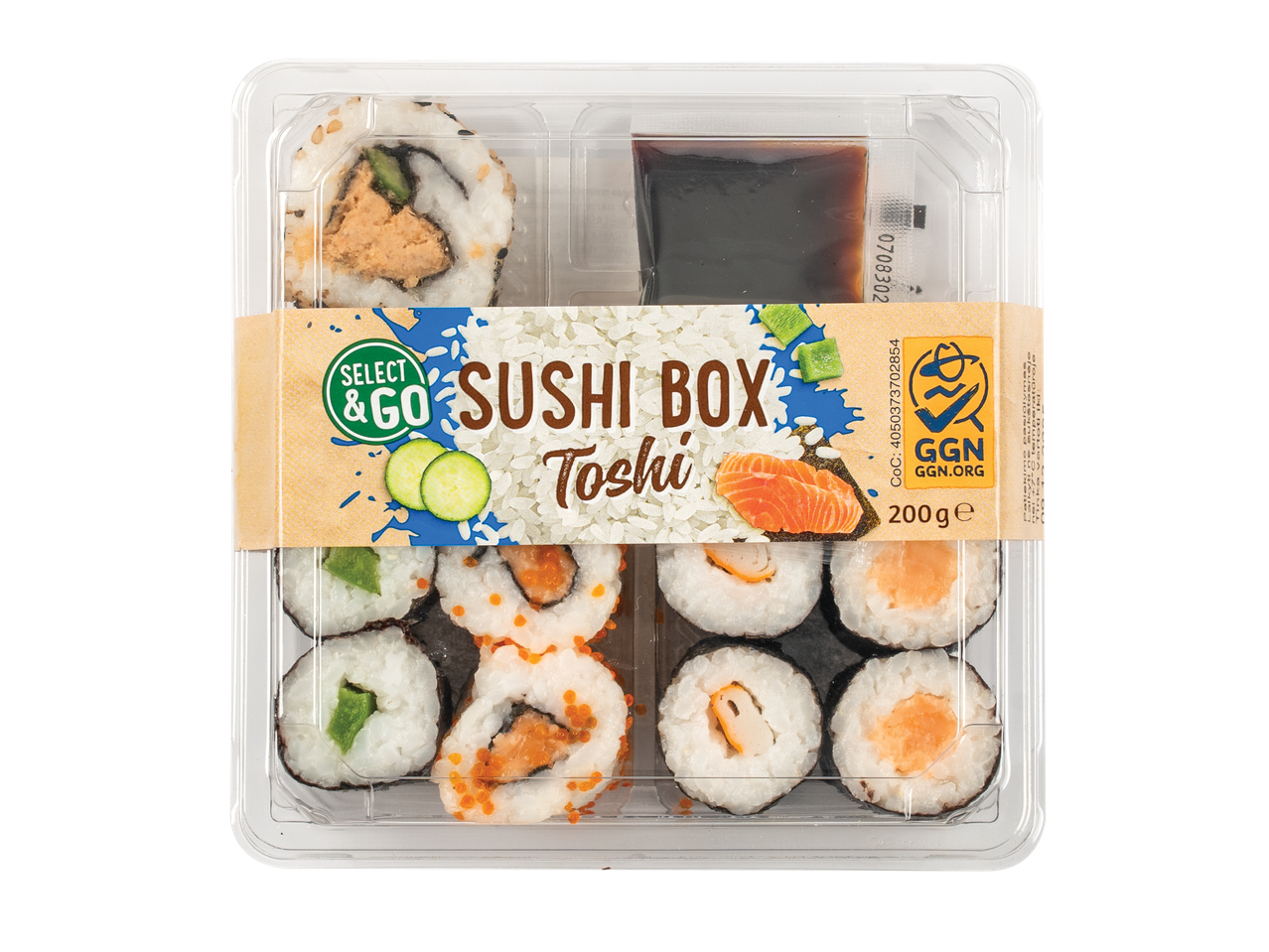 Sushi karp sojakastme ja 200g sushiga, sealhulgas maki ja uramaki rullid.