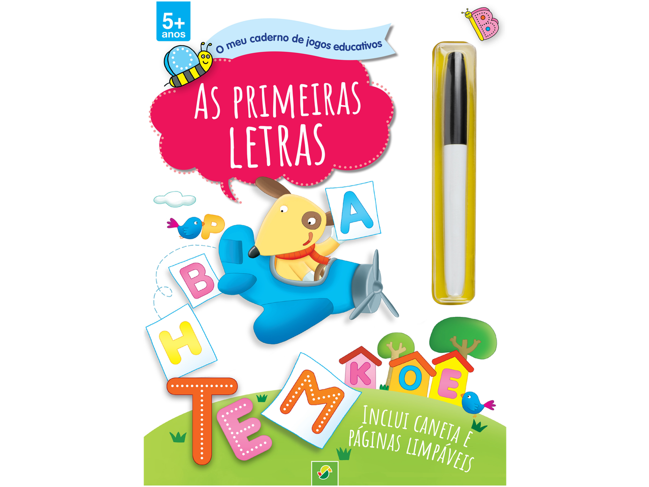 Livro de atividades 'As Primeiras Letras' para crianças 5+, com caneta e páginas apagáveis.
