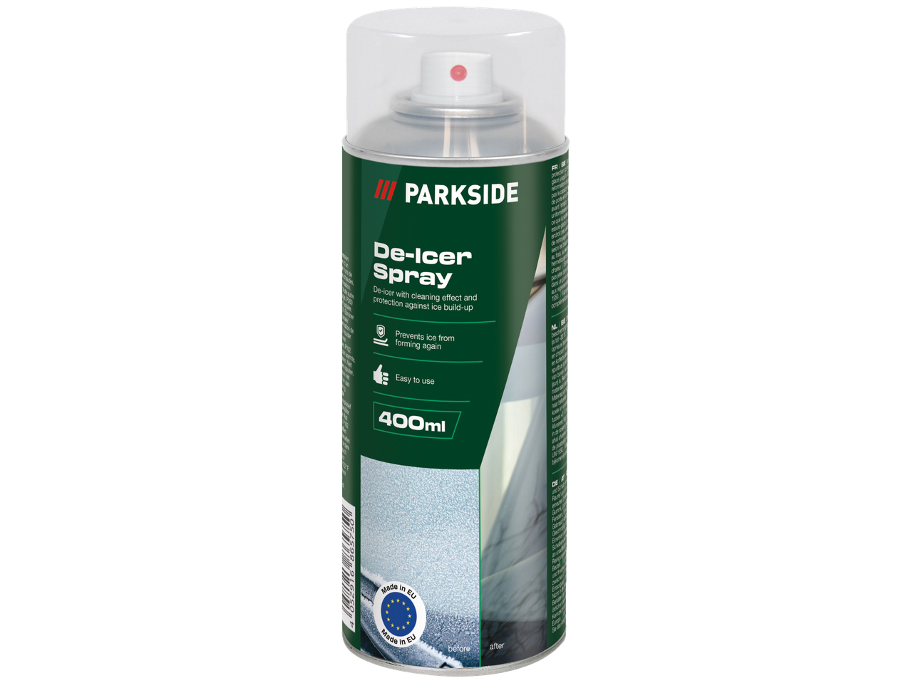 Parkside® De-Icer aerosols 400ml ar tīrīšanas efektu un aizsardzību pret apledojumu.