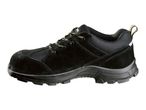 Black safety shoes with a rugged sole.