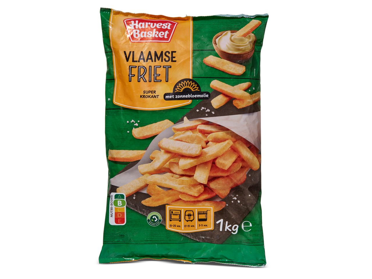 Harvest Basket Vlaamse Friet: 1kg diepvriesfrieten, super krokant, met zonnebloemolie.