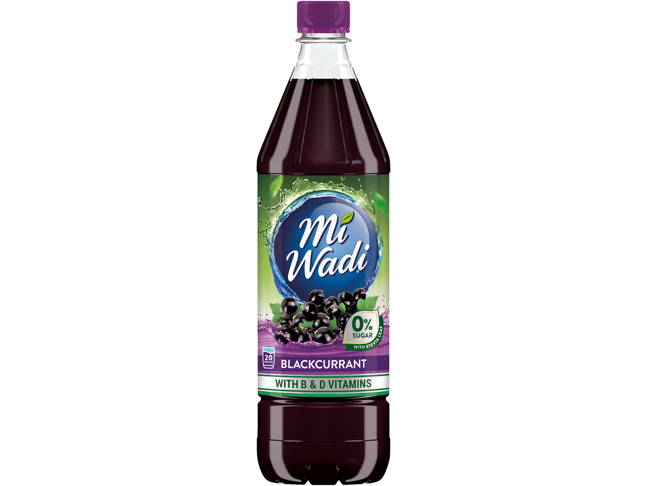 Mi Wadi Blackcurrant drink bottle with 0% sugar and B & D vitamins.