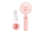 Pink portable fan with charging cable and stand.