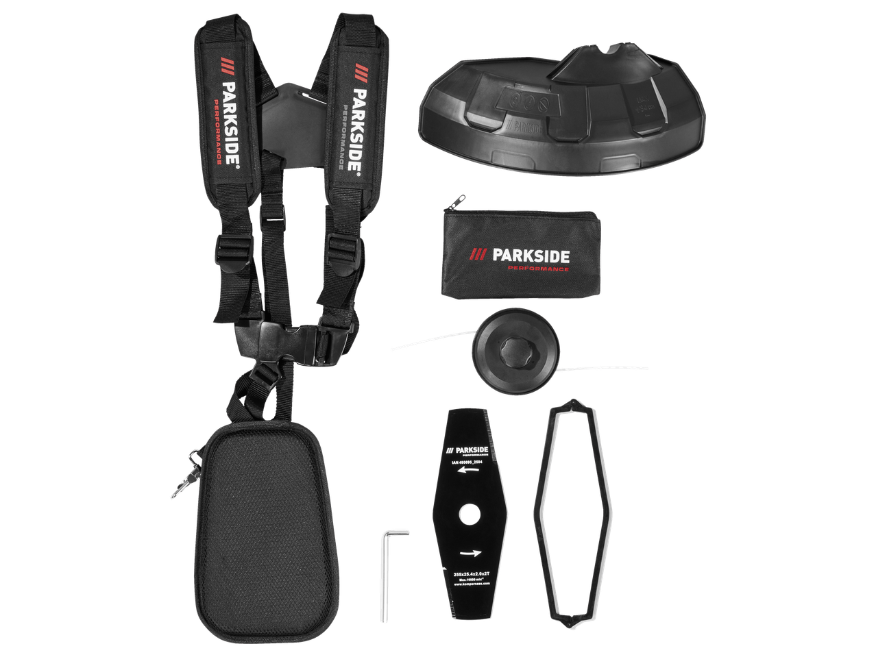 Harness, protective cover, tool bag, trimmer line spool, metal blade, and wrench for a garden tool.