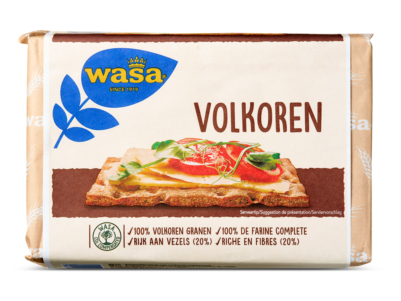 Een verpakking volkoren knäckebröd met een afbeelding van belegd knäckebröd.