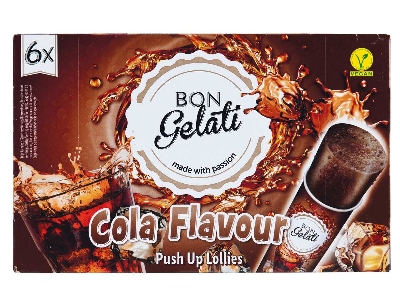 Embalagem de 6 picolés Bon Gelati sabor cola, veganos.
