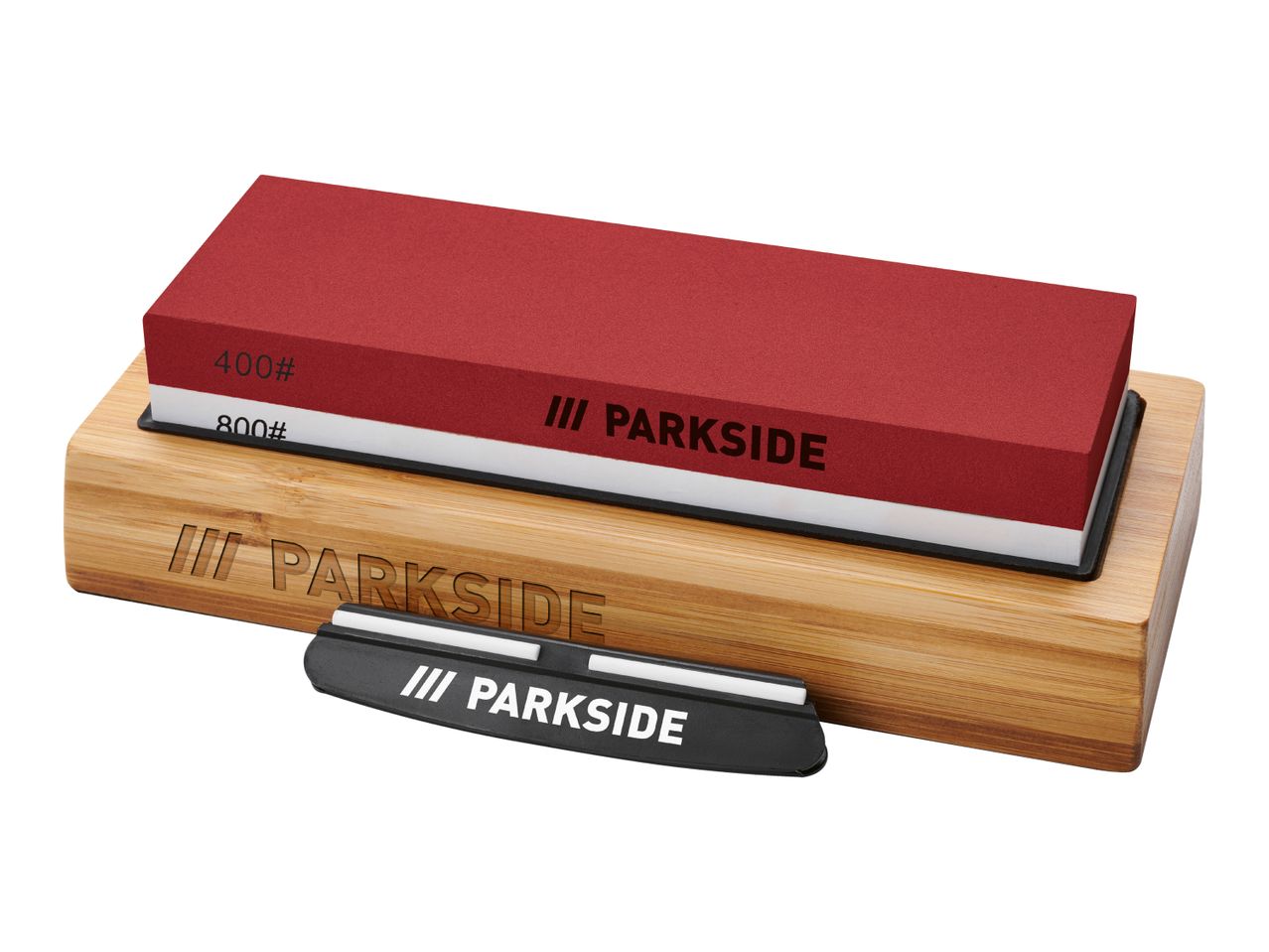 Parkside two-sided sharpening stone with bamboo base and honing steel.