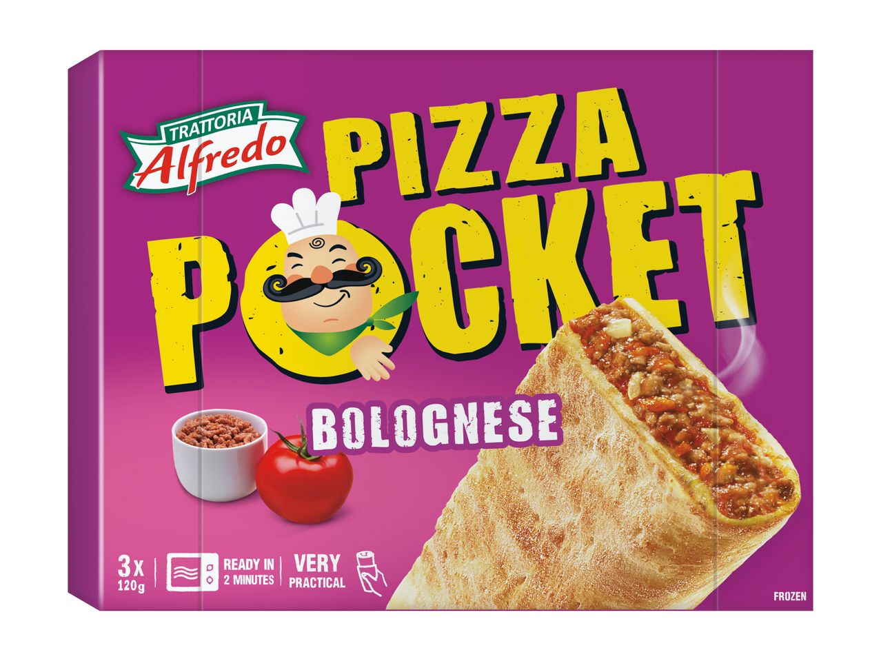 Škatla Alfredo Pizza Pocket Bolognese, pripravljena v 2 minutah.
