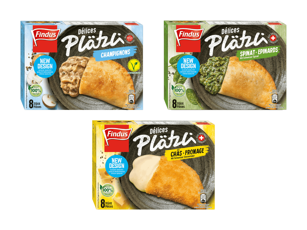 Drei Packungen Tiefkühl-Plätzli mit Champignons, Spinat und Käse.