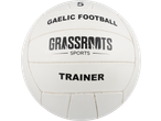 White Gaelic Football with 'GRASSROOTS SPORTS TRAINER' and size '5' printed on it