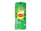 Groene ijsthee in een groene verpakking met de tekst 'LOW IN SUGAR' en voedingsinformatie.