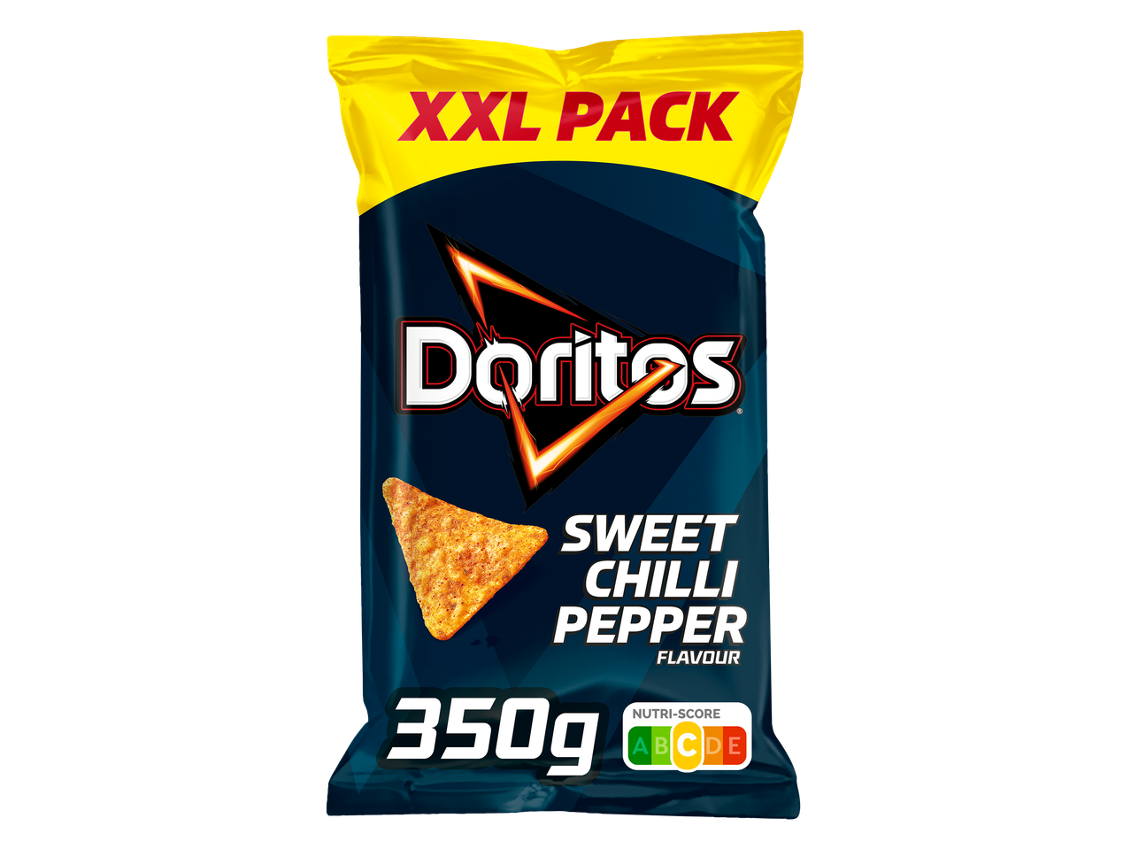 Een XXL-verpakking van 350g chips met zoete chilipepersmaak en Nutri-Score C.