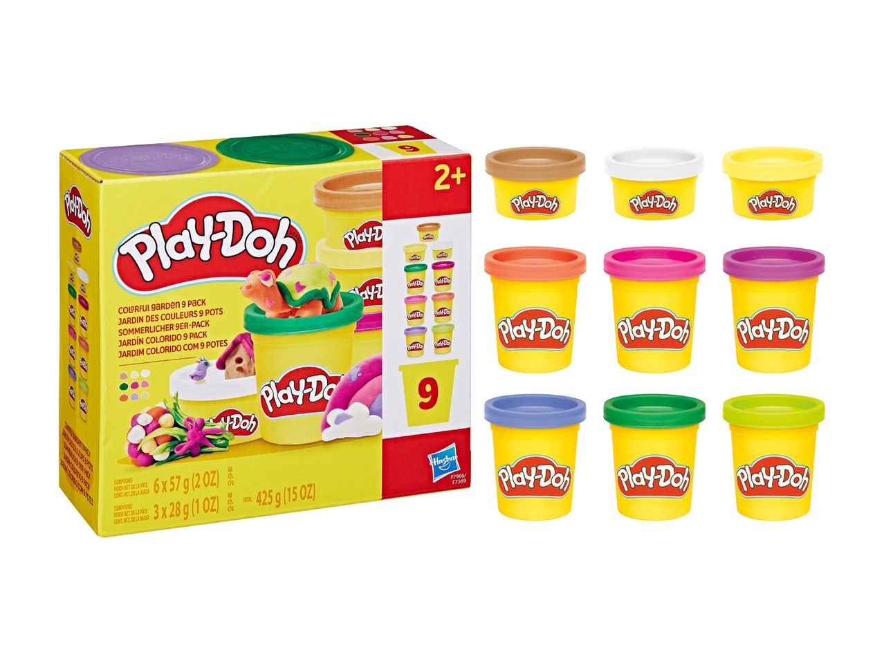 Play-Doh Colorful Garden 9-pak med modellervoks i forskellige farver.