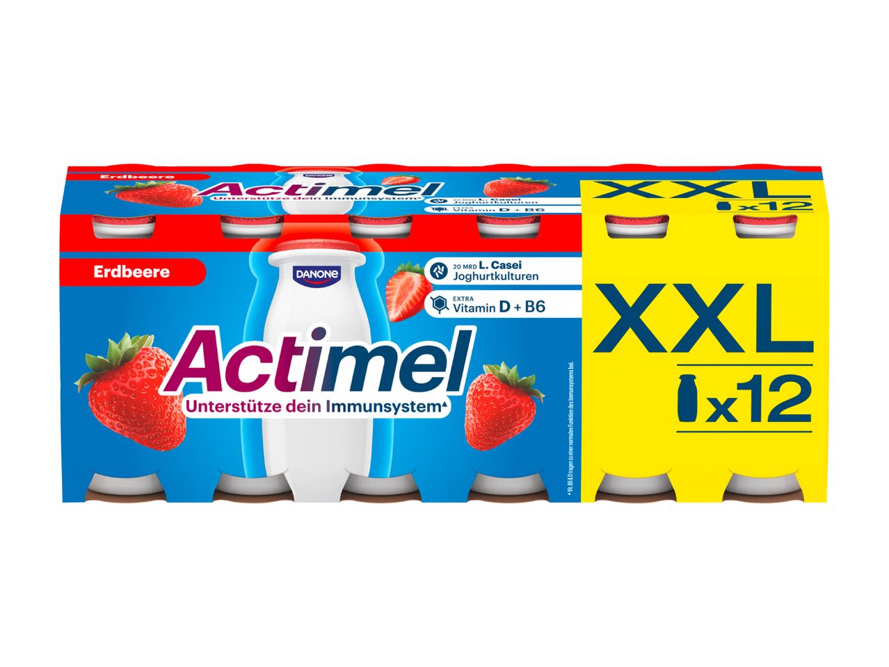 XXL-Pack mit 12 Actimel Erdbeerjoghurts.