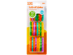 Colorful baby toy links in a package, labeled 'Lots of Links' and 'BPA free'.